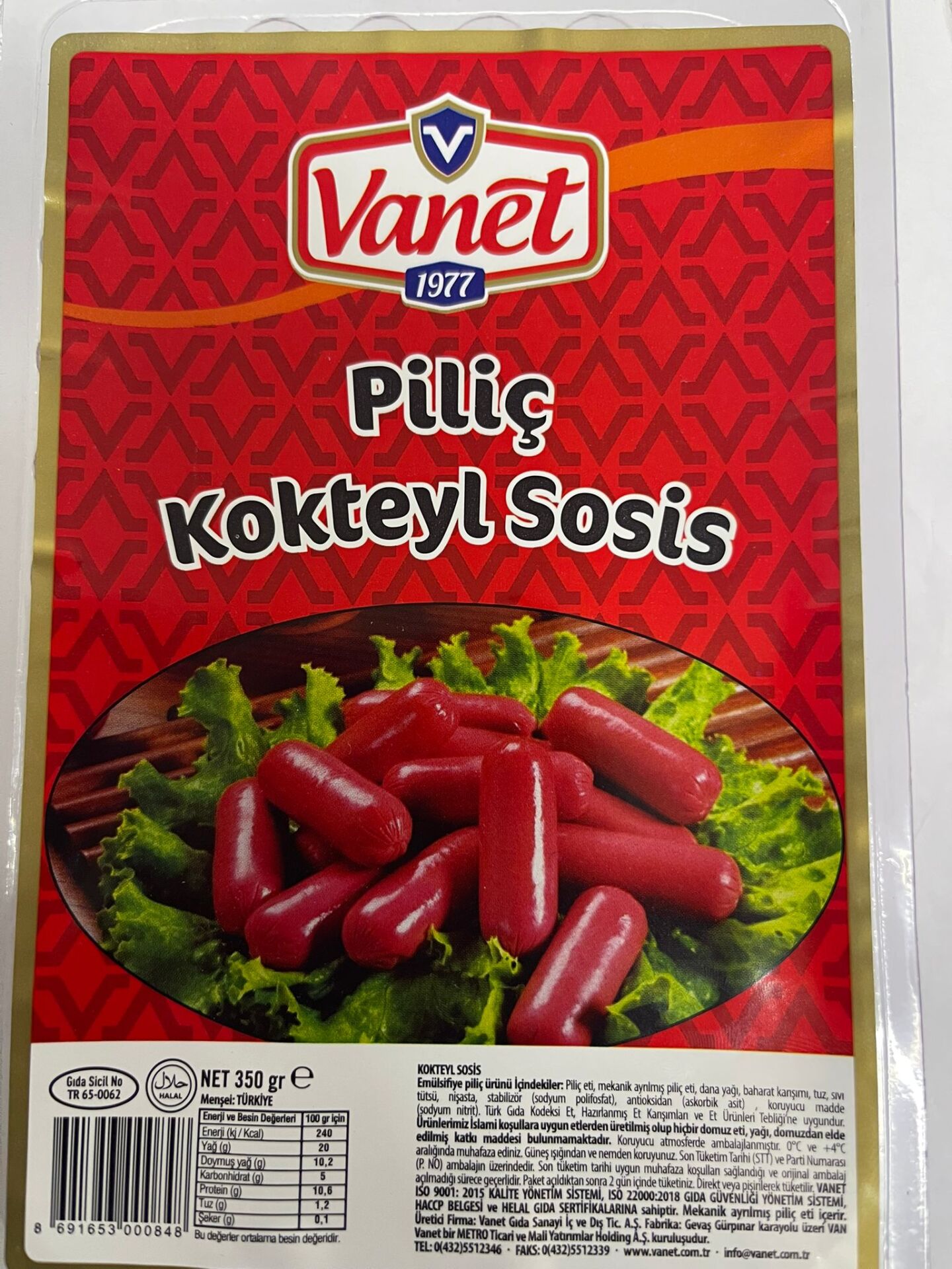 VANET  PİLİÇ KOKTEYL  SOSİS 350  GR